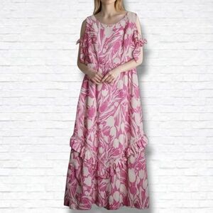 Vintage Handmade Pink Floral Cap Sleeve Maxi Length Peasant Dress Size M/L